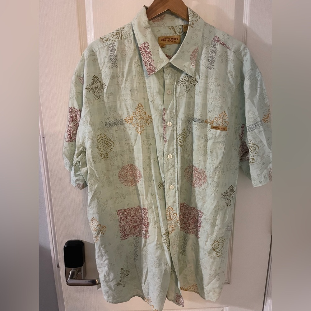 Men's Patterned Button-Down Shirt - Light Green and Brown